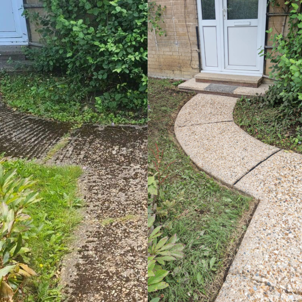 a pathway showing a before and after picture of it being dirty and clean done with a pressure washer