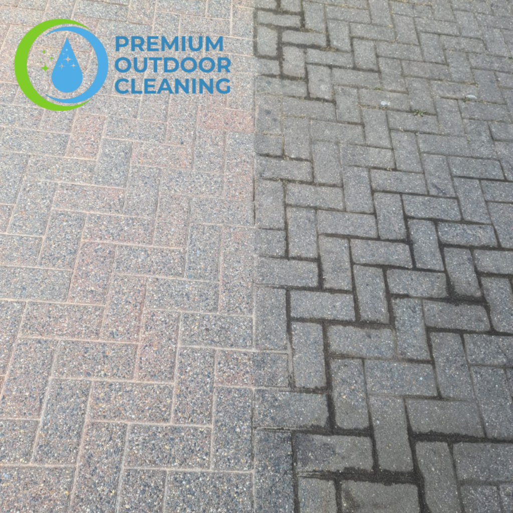 Pressure washing in stevenage, hertfordshire showing a perfect line between clean and not clean