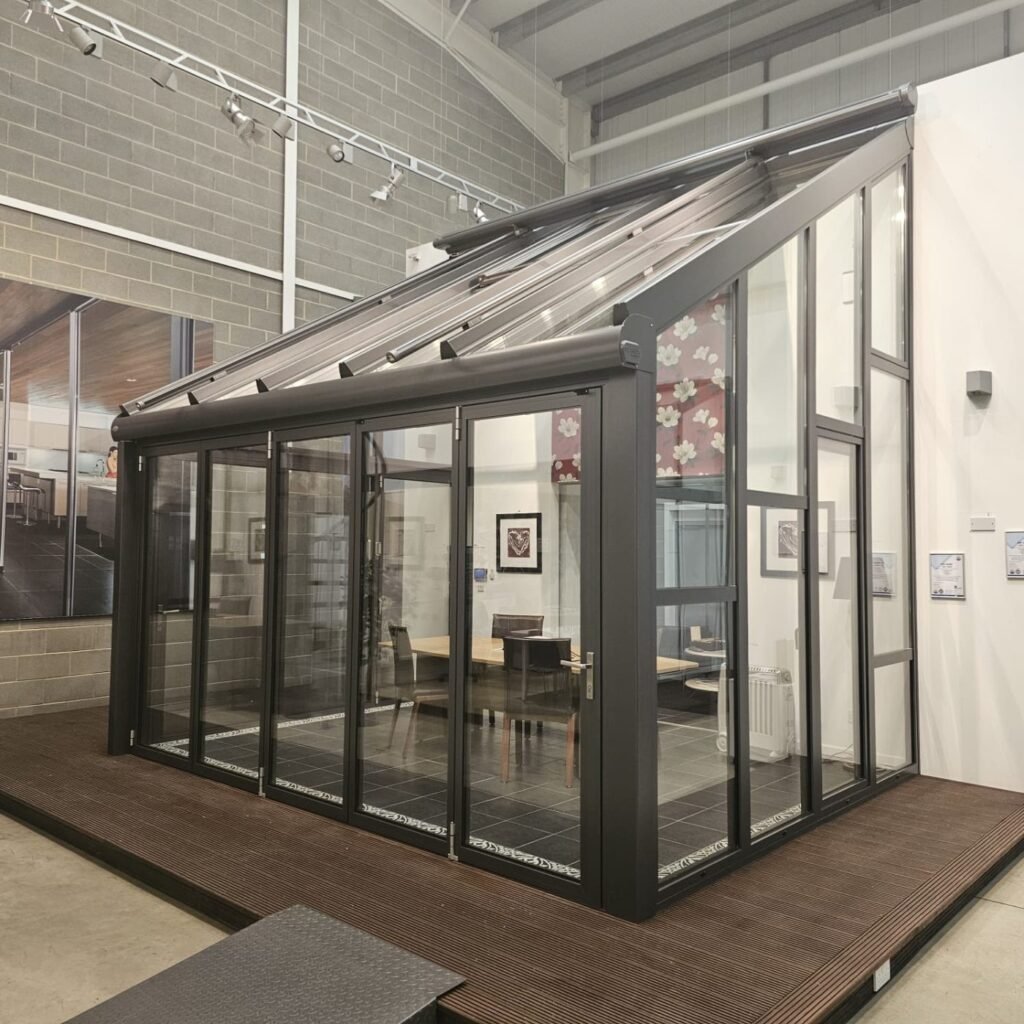 Modern glass conservatory extension with slim aluminium frames