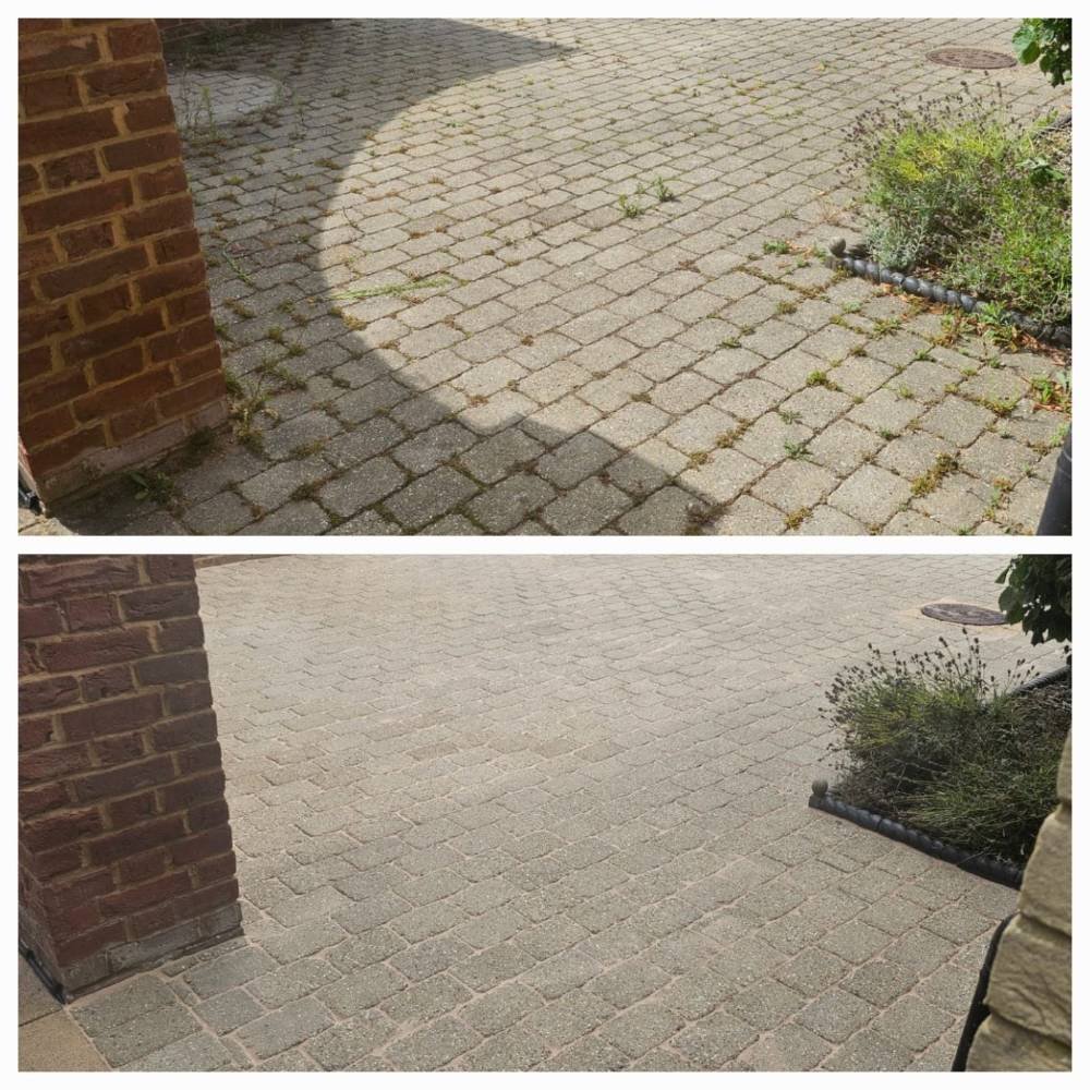 Block paving driveway before and after pressure washing in Hertfordshire