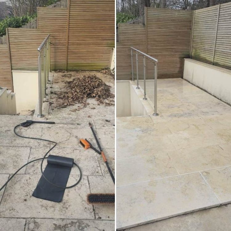 Patio and terrace before and after pressure washing in Hertfordshire
